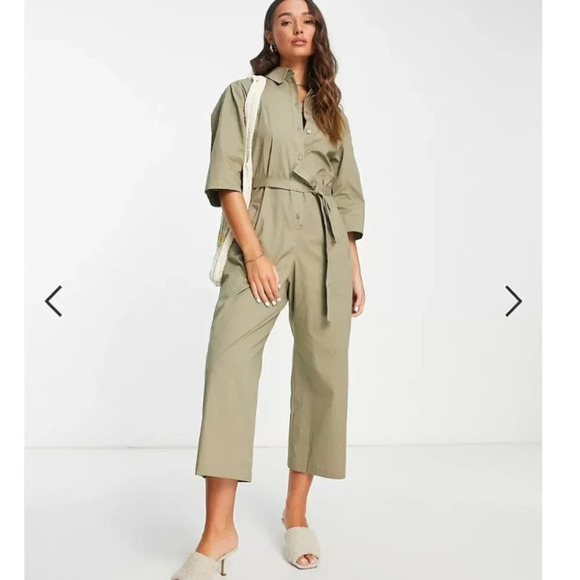 Mango Boilersuit Belted Tie Waist Jumpsuit Army Green Khaki Size XS NWT - Picture 1 of 10
